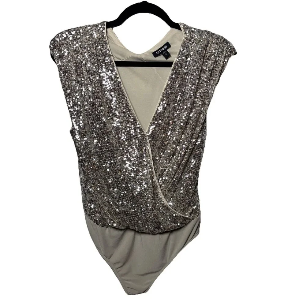 Express Womens Small Silver Sequin Sparkly Stretchy Bodysuit Y2K Glam party - Picture 1 of 7